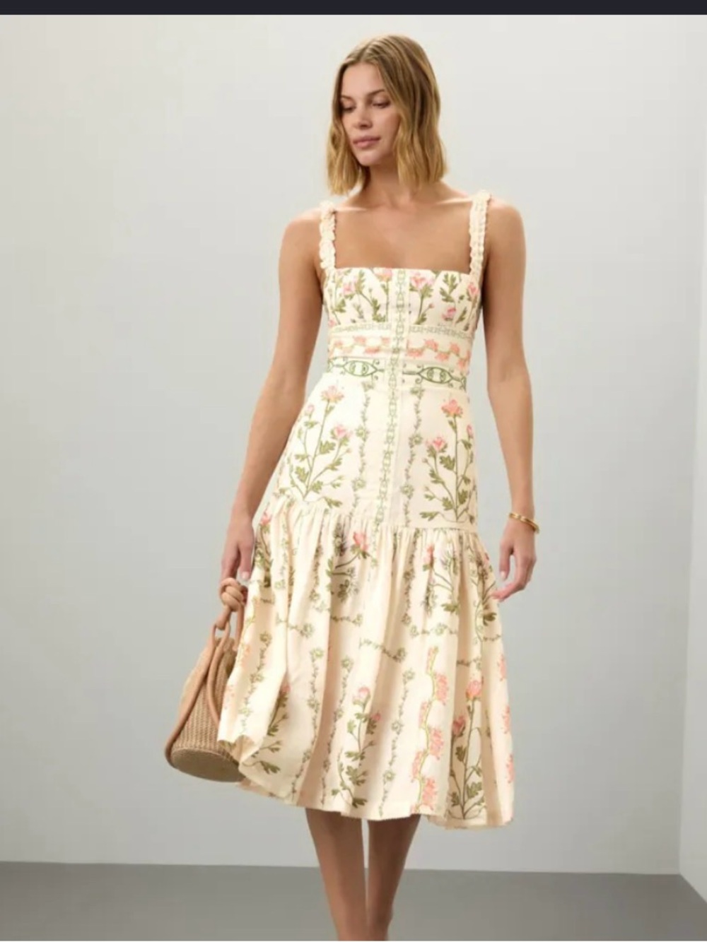 Agua by Agua Bendita Cream Floral Embroidered Midi Dress
